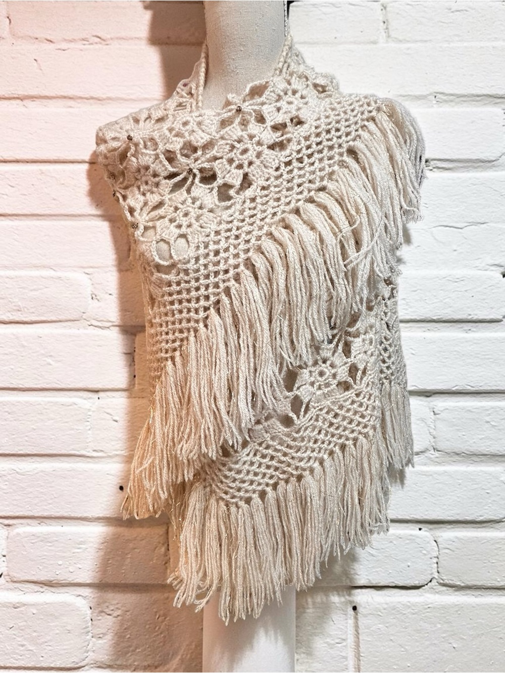 Handmade Crochet Ivory
Fringe Shawl Wrap, beaded details Cottagecore Boho Cozy - Picture 5 of 9